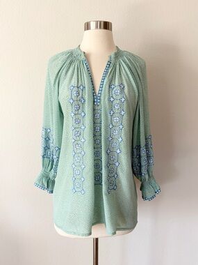 Rungolee Barcelona Silk Embroidered Blouse Baybreeze Tortoise Medium M